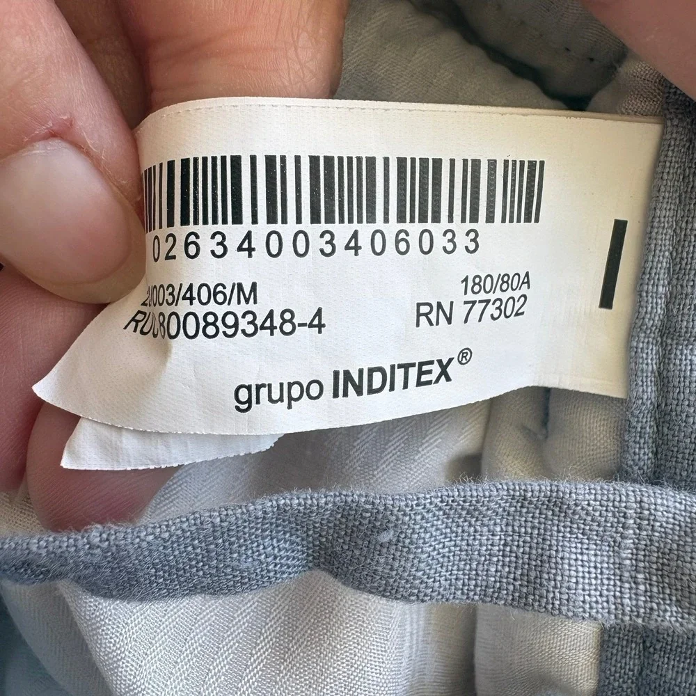 Zara Man 100% Linen Light Blue Drawstring Trousers Pants Size Medium 31